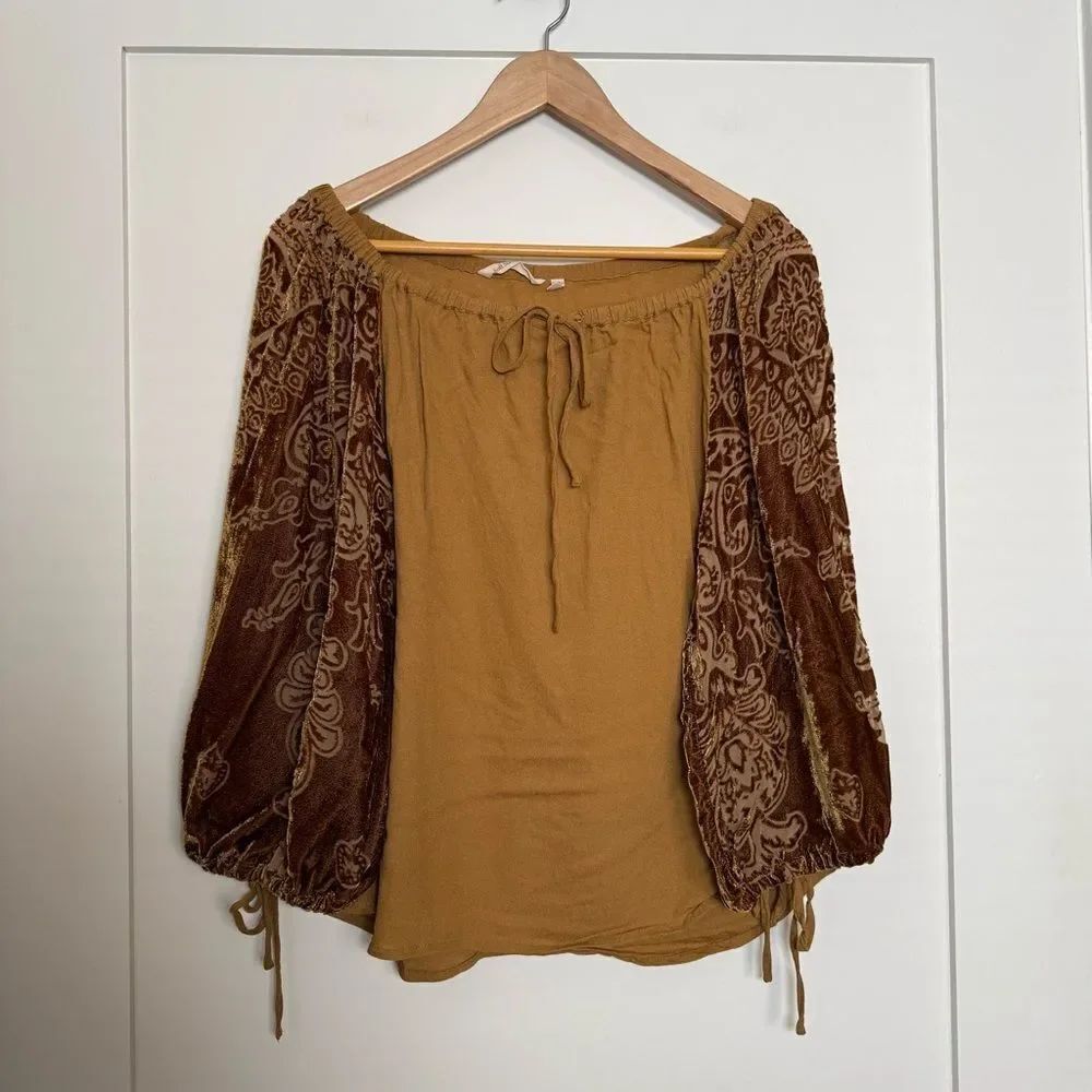 Soft Surroundings Top Women M Mustard Velvet Puff Sleeve Boat Neck Boho Festival